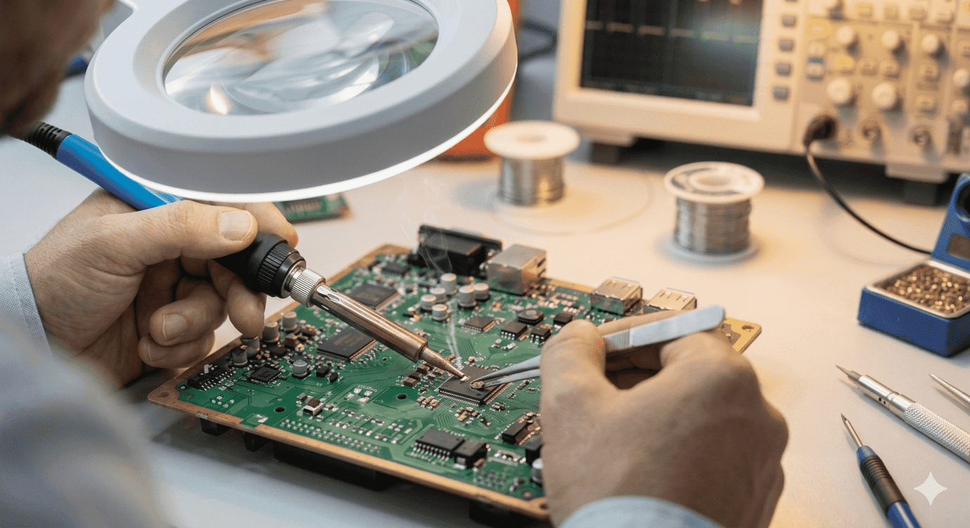 基板に拡大鏡見ながら電子部品をハンダをしている